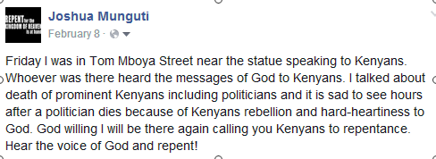 Joshua Munguti facebook page post after death of George Muchai